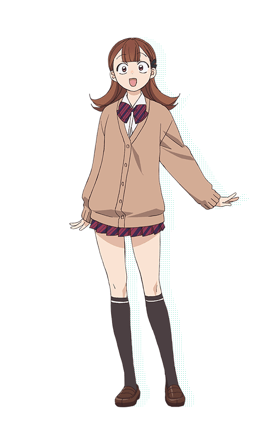 1girl :d black_socks bow bowtie brown_cardigan brown_eyes brown_hair brown_shoes cardigan center-flap_bangs collared_shirt diagonal-striped_bow diagonal-striped_bowtie diagonal-striped_clothes diagonal-striped_skirt full_body hair_ornament itan_private_high_school_uniform kneehighs komi-san_wa_komyushou_desu loafers long_hair long_sleeves looking_at_viewer miniskirt nakajima_atsuko official_art open_mouth pleated_skirt red_bow red_bowtie red_skirt school_uniform shirt shoes skirt smile socks solo standing striped_clothes transparent_background white_shirt yamai_ren