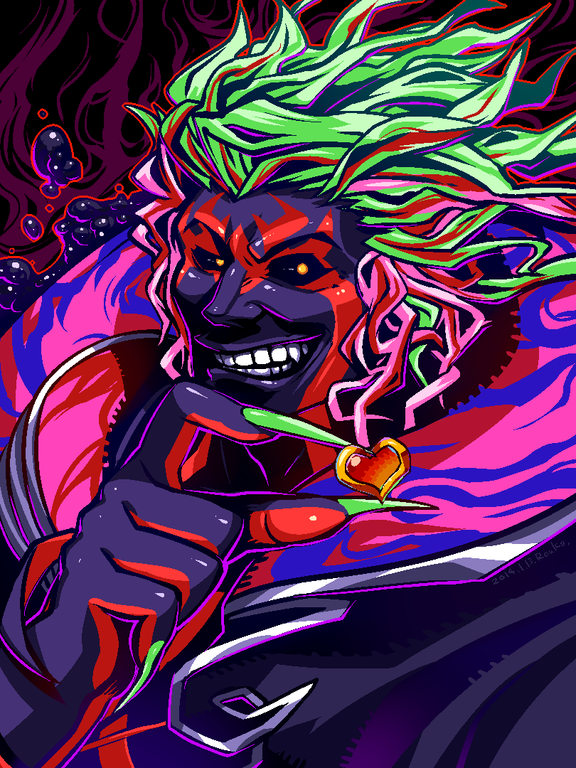 1boy black_sclera colored_sclera colored_skin commentary_request green_hair hades_(kid_icarus) heart holding holding_heart kid_icarus kid_icarus_uprising looking_at_viewer male_focus multicolored_hair nintendo purple_skin red_hair red_skin rouko605 smirk solo teeth two-tone_hair upper_body yellow_eyes