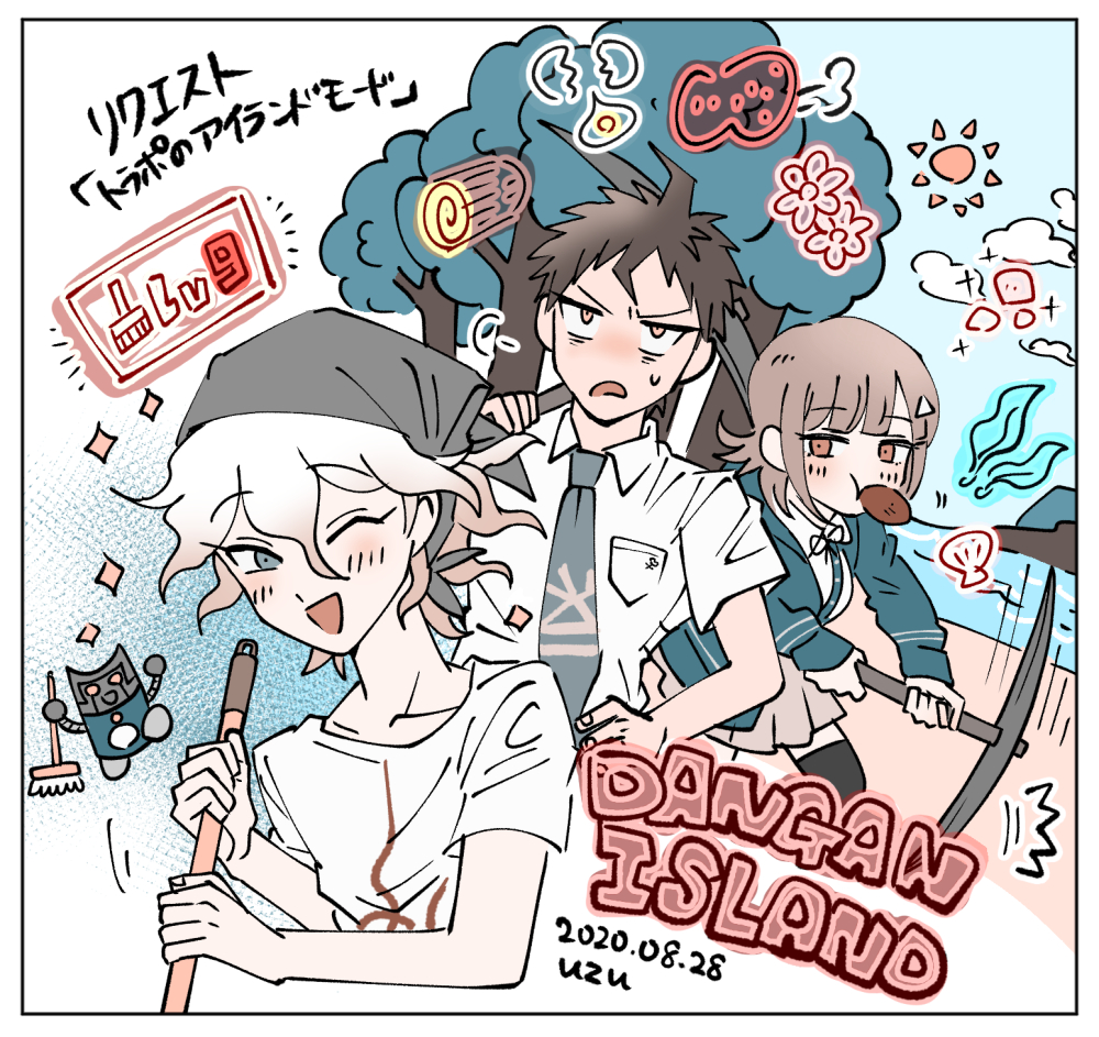 1girl 2boys :d ;d beach black_jacket black_thighhighs blush border breast_pocket brown_hair brown_skirt collared_shirt danganronpa_(series) danganronpa_2:_goodbye_despair dated food green_necktie hair_ornament hairband hinata_hajime holding_tool jacket komaeda_nagito medium_hair miniskirt mouth_hold multiple_boys nanami_chiaki necktie nidai_nekomaru one_eye_closed open_clothes open_jacket open_mouth outdoors pleated_skirt pocket robot shell shirt skirt smile thighhighs translation_request tree triangle_hair_ornament uzu_(uzusio55) white_border white_shirt