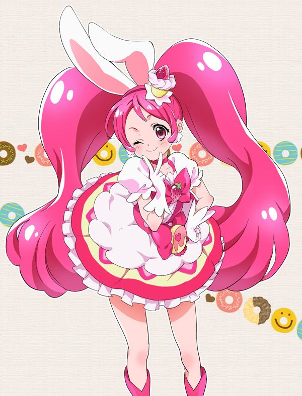 1girl ;) animal_ears boots cure_whip dress earrings female_focus food-themed_hair_ornament gloves hair_ornament hand_on_own_hip jewelry kirakira_precure_a_la_mode magical_girl one_eye_closed pink_eyes pink_hair pom_pom_(clothes) pom_pom_earrings precure rabbit_ears smile solo strawberry_hair_ornament twintails usami_ichika v white_gloves zooya