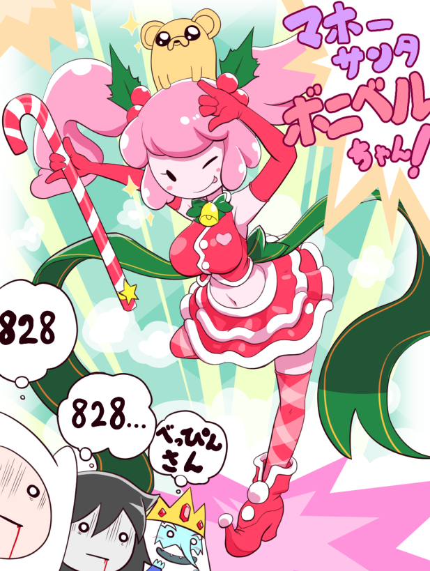 2boys 2girls ;p adventure_time alternate_costume alternate_hairstyle bell blush blush_stickers boots breasts candy candy_cane check_translation christmas elbow_gloves finn_the_human food gloves heart high_heel_boots high_heels ice_king king large_breasts long_hair looking_at_viewer m/ marceline_abadeer midriff miniskirt multiple_boys multiple_girls nollety one_eye_closed princess_bonnibel_bubblegum red_gloves ribbon skirt smile speech_bubble text_focus thighhighs thought_bubble tongue tongue_out translated translation_request twintails wink