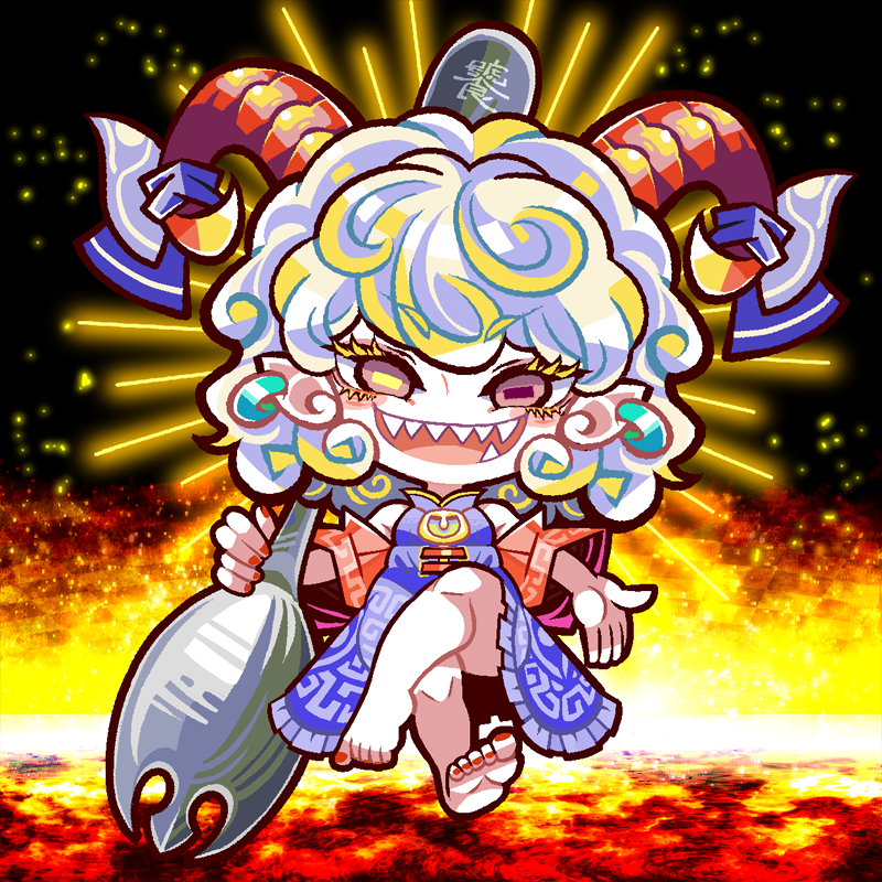 1girl barefoot blue_dress crossed_legs curly_hair detached_sleeves dress earrings floating holding holding_spork horizontal_pupils horn_ornament horn_ribbon horns jewelry lava mandarin_collar meandros open_mouth outstretched_arm oversized_object patterned_clothing pendant pointy_ears rectangular_pupils red_eyes red_horns red_sleeves ribbon sharp_teeth sheep_horns smile solo spork teeth touhou toutetsu_yuuma white_hair yt_(wai-tei)