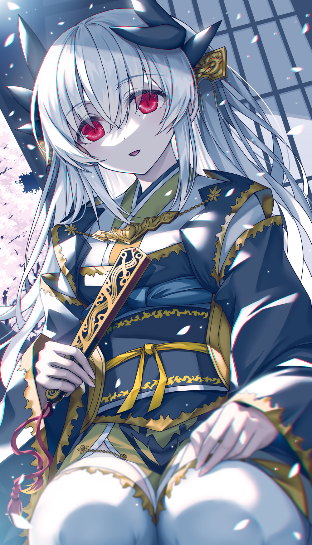 1girl black_kimono breasts dragon_girl dragon_horns fate/grand_order fate_(series) folding_fan hand_fan highres holding holding_fan horns japanese_clothes kimono kiyohime_(fate) kiyohime_(third_ascension)_(fate) long_hair medium_breasts morizono_shiki multiple_horns obi red_eyes sash solo thighhighs white_hair white_thighhighs wide_sleeves