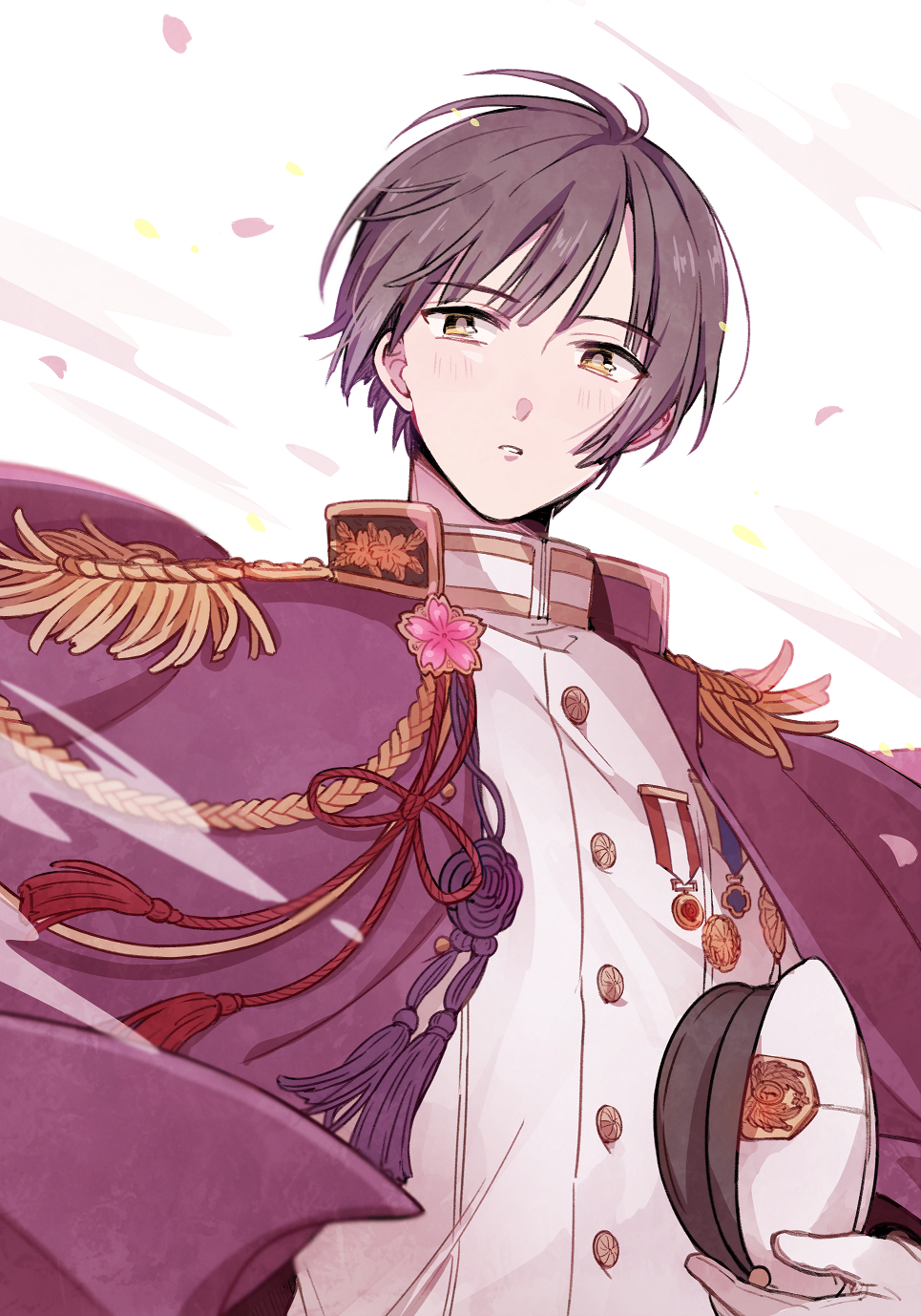 1boy axis_powers_hetalia black_hair blush buttons cape epaulettes flower flower_ornament gloves hat highres holding holding_unworn_clothes holding_unworn_hat jacket japan_(hetalia) long_sleeves looking_at_viewer male_focus military_hat military_jacket military_uniform nbsr petals pink_flower purple_cape red_ribbon ribbon short_hair simple_background solo tassel teeth unworn_hat unworn_headwear upper_body white_background white_gloves white_hat white_jacket yellow_eyes