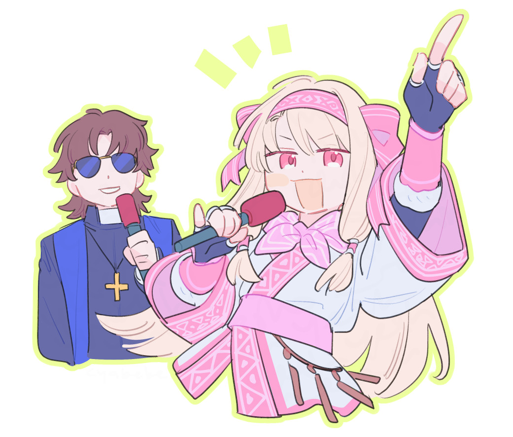 1boy 1girl :d ainu_clothes arm_up blonde_hair brown_hair cropped_torso fate/grand_order fate_(series) fingerless_gloves gloves green_outline grin holding holding_microphone kotomine_kirei long_hair low-tied_sidelocks microphone oneroom-disco open_mouth outline pink_eyes pointing pointing_up rasputin_(fate) short_hair sidelocks simple_background sitonai_(fate) smile sunglasses symbol-shaped_pupils white_background