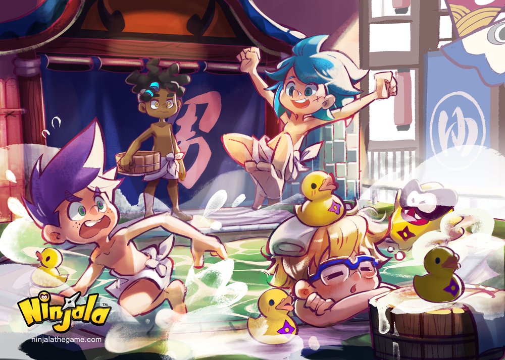 5boys aqua_eyes arm_at_side bare_arms bare_legs bare_pectorals bare_shoulders barefoot blinking_inside_eyes blonde_hair blue-framed_eyewear blue_pupils blush bubble bucket burton_(ninjala) child closed_eyes closed_mouth collarbone copyright_name copyright_notice corocoro_comic creature dark-skinned_male dark_skin dreadlocks facial_scar fluffy_hair flying_sweatdrops freckles frown green_eyes green_pupils gumchi gungho hair_tie holding holding_bucket jumping kappei_(ninjala) kinky_hair lantern legs_apart logo medium_hair multiple_boys ninjala official_art onsen open_mouth outdoors outstretched_arms partially_submerged pectorals rianti-wong ron_(ninjala) rubber_duck scar scar_on_cheek scar_on_face second-party_source semi-circular_eyewear semi-rimless_eyewear short_hair shuriken shuriken_print spread_arms standing steam teeth thick_eyebrows tied_towel toes tongue topless_male towel towel_around_waist towel_on_head translation_request upper_teeth_only van_(ninjala) watching water watermark weapon web_address