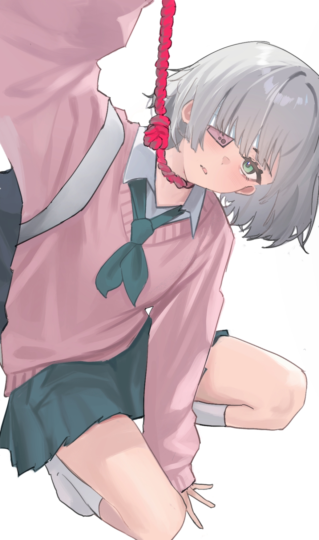 1girl bandaged_head bandages blonde_hair blunt_bangs cellphone collared_shirt eyepatch green_eyes green_neckerchief green_skirt highres kneehighs linchuanzelaip long_sleeves looking_at_viewer miniskirt neckerchief no_shoes noose open_mouth phone phone_eyepatch pink_sweater pleated_skirt puffy_sleeves ruru_(shinsei_kamattechan) shinsei_kamattechan shirt short_hair skirt socks sweater white_shirt white_socks