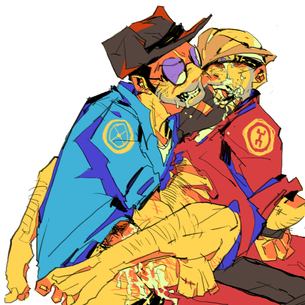 22_(tak_ja) 2boys arms_behind_back bad_id bad_pixiv_id barefoot blu_sniper_(tf2) bottomless engineer_(tf2) fingerless_gloves gloves hard_hat hat helmet male_focus multiple_boys open_mouth red_engineer_(tf2) sex simple_background single_glove sniper_(tf2) sunglasses team_fortress_2 white_background yaoi
