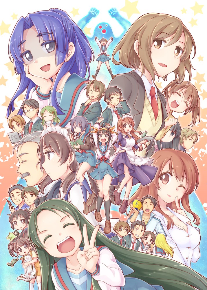 6+boys 6+girls arakawa_(suzumiya_haruhi) arms_up asahina_mikuru asahina_mikuru_(adult) asakura_ryoko ball black_hair blonde_hair blue_eyes blue_sailor_collar blue_skirt brown_eyes brown_hair calico_(pattern) calico_cat celestial_(suzumiya_haruhi) churuya closed_eyes commentary_request computer computer_club_president_(suzumiya_haruhi) dress everyone fujiwara_(suzumiya_haruhi) glasses green_hair hairband hand_on_own_face holding holding_removed_eyewear kimidori-san kimidori_emiri kita_high_school_uniform knife koizumi_itsuki kunikida_(suzumiya_haruhi) kyon kyon_no_imouto kyonko laptop long_hair long_sleeves maid miss_mystery_society mori_sonou multiple_boys multiple_girls nagato_yuki okabe_(suzumiya_haruhi) one_eye_closed open_mouth orange_hair orange_hairband parted_bangs purple_hair rousseau_(suzumiya_haruhi) sailor_collar sakanaka_yoshimi sasaki_(suzumiya_haruhi) school_uniform serafuku shamisen_(suzumiya_haruhi) shirt short_hair simple_background skirt smile student_council_president_(suzumiya_haruhi) suou_kuyou suzumiya_haruhi suzumiya_haruhi_no_yuuutsu swept_bangs tachibana_kyouko_(suzumiya_haruhi) tagme taiki_(6240taiki) tamaru_keiichi tamaru_yutaka taniguchi_(suzumiya_haruhi) tsuruya unworn_eyewear v very_long_hair watahashi_yasumi