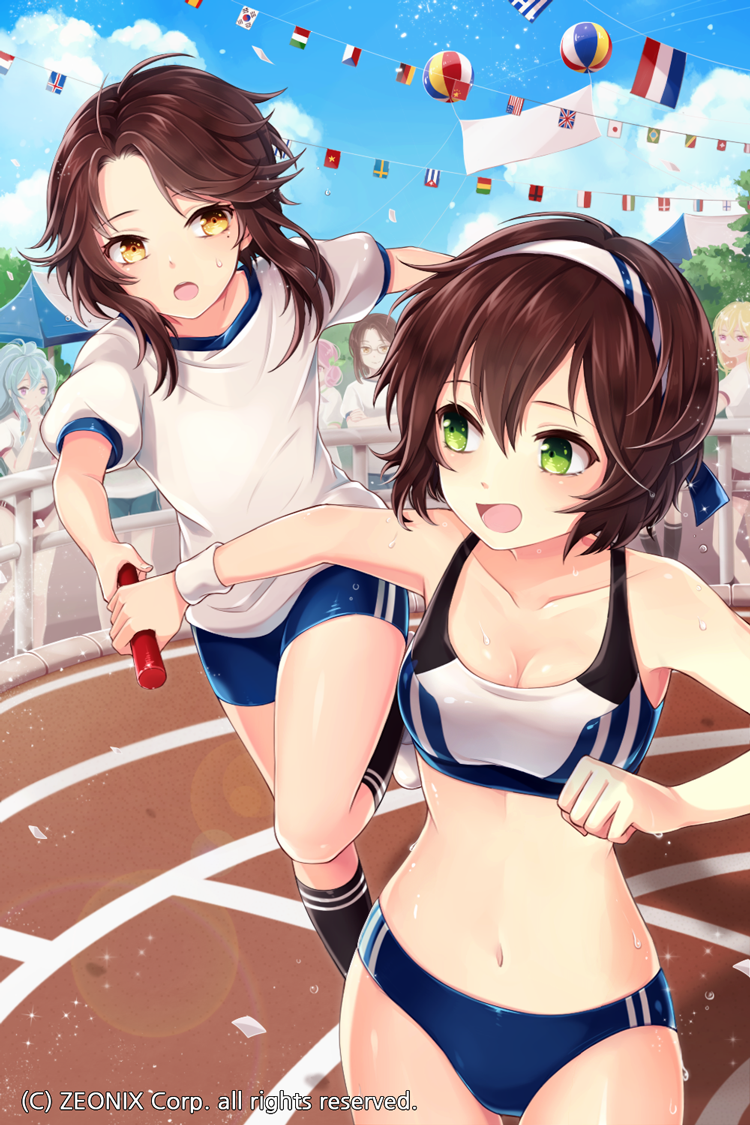 6+girls american_flag asmis_hara bad_id bad_pixiv_id balloon bike_shorts brazilian_flag breasts brown_hair buruma cleavage cloud collarbone company_name confetti crowd cuban_flag czech_flag danish_flag day dutch_flag finnish_flag flag flags_of_all_nations german_flag green_eyes gym_uniform hairband headband icelandic_flag italian_flag japanese_flag lens_flare looking_at_another looking_to_the_side medium_breasts millgua mole mole_under_eye multiple_girls navel open_mouth outdoors outstretched_arm people&#039;s_republic_of_china_flag polish_flag racing relay_baton running russian_flag shirt short_hair sita_vilosa sky south_korean_flag sports_bikini sportswear string_of_flags sunlight sweat swiss_flag sword_girls tent track_and_field track_uniform union_jack white_shirt wristband yellow_eyes