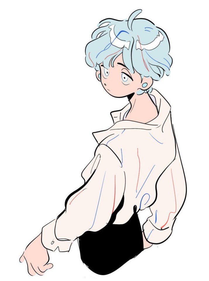 1other ahoge ambiguous_gender arms_at_sides blue_hair closed_mouth cropped_legs dolman_(dm) earrings facing_to_the_side from_behind half-closed_eyes jewelry jitome light_frown long_sleeves looking_ahead loose_clothes loose_shirt mismatched_eyebrows original other_focus parted_bangs shirt shirt_tucked_in short_hair simple_background sleeve_cuffs standing stud_earrings white_background white_eyes white_shirt