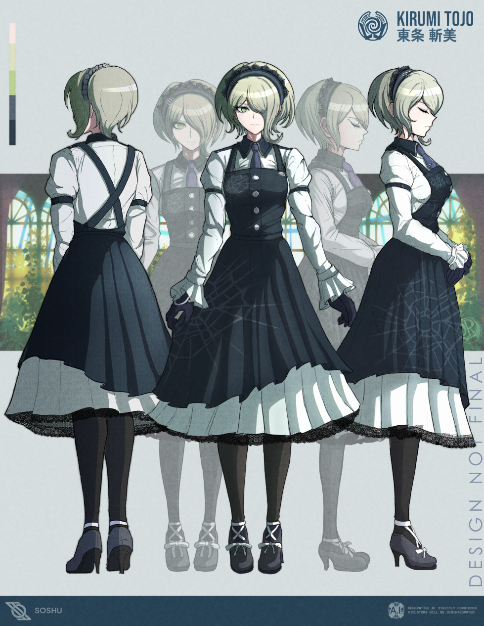 1girl artist_name black_dress black_gloves black_pantyhose blonde_hair breasts character_name checkered_clothes checkered_scarf collared_shirt color_guide commentary criss-cross_back-straps danganronpa_(series) danganronpa_v3:_killing_harmony dress english_commentary frilled_sleeves frills from_behind from_side full_body gloves green_eyes hair_over_one_eye hairband high_heels highres lace lace-trimmed_dress lace-trimmed_hairband lace_trim long_sleeves looking_at_viewer maid necktie pantyhose profile reference_inset reference_sheet scarf shirt short_hair soshu_(soshuscribbles) spider_web_print standing tojo_kirumi watermark white_shirt