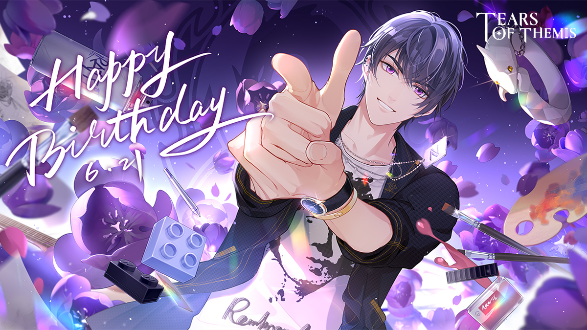 1boy :d bang_(gesture) black_jacket brush dog_tags dress earrings finger_gun grin happy_birthday jacket jewelry looking_at_viewer marius_von_hagen_(tears_of_themis) necklace official_art open_mouth paint_palette pointing pointing_at_viewer purple_dress purple_eyes shirt short_hair sleeves_rolled_up smile solo tears_of_themis teeth watch white_shirt wristwatch