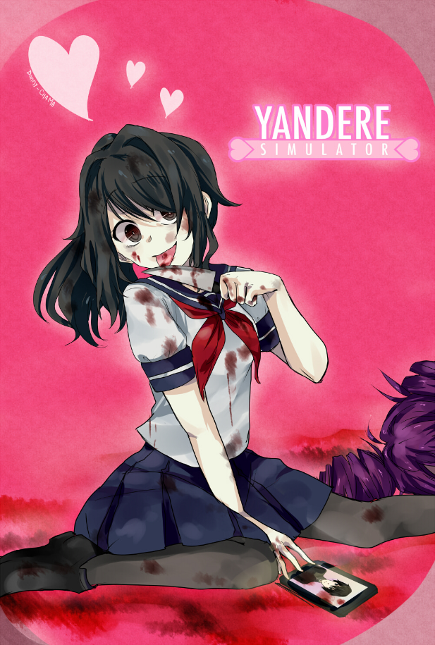 1boy 2girls ayano_aishi black_hair blood blood_on_clothes blood_on_face blood_splatter bloody_knife brown_eyes copyright_name corpse danny-chama death drawing_(object) drill_hair heart knife kokona_haruka_(yandere_simulator) licking licking_blade licking_weapon multiple_girls pantyhose picture_frame purple_hair school_uniform signature taro_yamada tongue tongue_out weapon yandere yandere_simulator