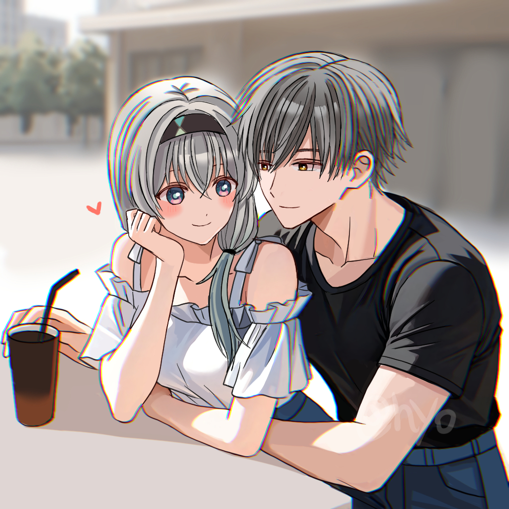1boy 1girl black_hairband black_shirt blush caelus_(honkai:_star_rail) closed_mouth cup drinking_straw firefly_(honkai:_star_rail) frilled_shirt frills green_pupils grey_hair hair_between_eyes hair_intakes hairband heart honkai:_star_rail honkai_(series) hug hug_from_behind hyohls2_(hamao3o) multi-strapped_shirt shirt side_ponytail smile trailblazer_(honkai:_star_rail) white_shirt yellow_eyes