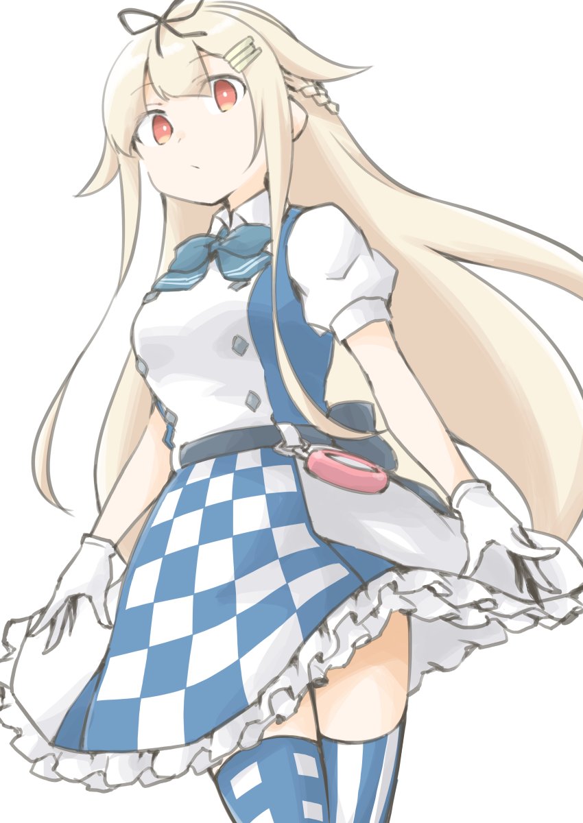 1girl akara_kai apron blonde_hair blue_bow bow bowtie checkered_apron checkered_clothes checkered_legwear checkered_skirt cosplay dress gloves hair_flaps hair_ornament hair_ribbon hairclip highres kantai_collection long_hair looking_at_viewer michishio_(adventures_in_wonderland)_(kancolle) michishio_(kancolle) michishio_(kancolle)_(cosplay) plaid_clothes plaid_legwear red_eyes ribbon short_sleeves simple_background skirt solo two-tone_dress white_background white_gloves yuudachi_(kancolle) yuudachi_kai_ni_(kancolle)