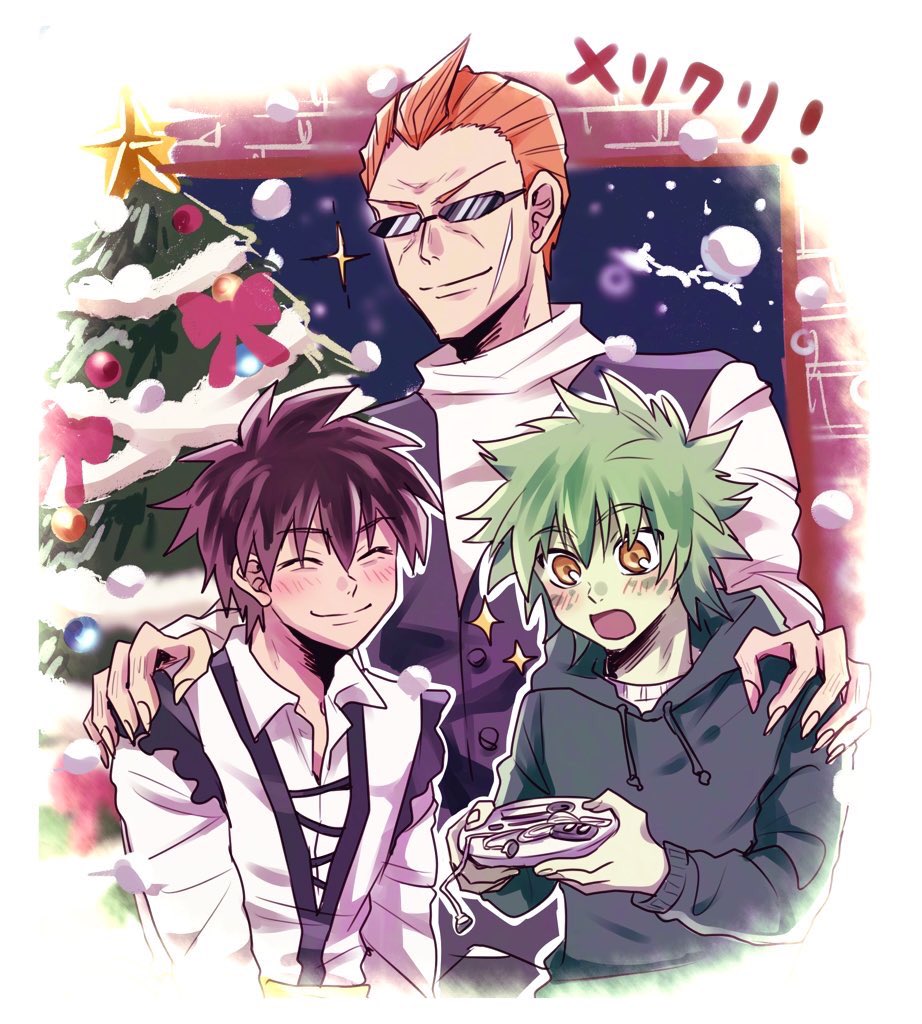 3boys black_hair cd_player cd_walkman closed_eyes colored_skin coro_(leocorok) darren_shan evra_von facial_scar green_hair green_skin larten_crepsley male_focus monster_boy multiple_boys orange_hair scales scar scar_on_cheek scar_on_face short_hair smile sunglasses the_saga_of_darren_shan turtleneck yellow_eyes