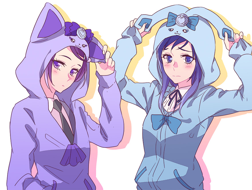 2girls animal_ears arm_up arms_up black_neckwear blue_bow blue_eyes blue_hair blue_ribbon blush bow cat_ears closed_mouth collared_shirt cosplay davi_(dokidoki!_precure) davi_(dokidoki!_precure)_(cosplay) dokidoki!_precure embarrassed fake_animal_ears hand_in_pocket hishikawa_rikka hood hooded_sweater kenzaki_makoto kigurumi long_hair looking_at_viewer multiple_girls neck_ribbon necktie negom precure purple_eyes purple_hair purple_sweater rabbit_ears rakeru_(dokidoki!_precure) rakeru_(dokidoki!_precure)_(cosplay) ribbon shirt short_hair simple_background standing sweater swept_bangs upper_body white_background white_shirt wing_collar