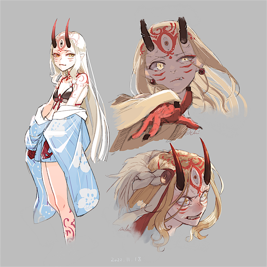 angry bikini black_bikini blonde_hair blue_kimono body_markings breasts clenched_teeth cropped_legs cropped_shoulders facial_mark fate/grand_order fate_(series) fingernails forehead_mark grey_background horns ibaraki_douji_(fate) ibaraki_douji_(fate/grand_order) ibaraki_douji_(swimsuit_lancer)_(fate) ibaraki_douji_(swimsuit_lancer)_(first_ascension)_(fate) isagiyo japanese_clothes kimono long_hair looking_at_viewer multiple_views off_shoulder oni oni_horns outstretched_arm sharp_fingernails simple_background small_breasts swimsuit teeth yellow_eyes