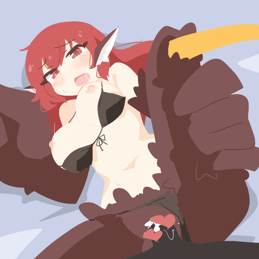 1boy 1girl animal_ears big_o_pants bikini bikini_top_aside bird_ears bird_legs black_bikini blush breasts brown_feathers censored commentary cum cum_in_pussy feather_fingers feathers fio-chan_(big_o_pants) harpy heart heart_censor hetero holding_own_leg large_breasts long_hair looking_at_viewer monster_girl nipples no_lineart open_mouth original penis pov red_eyes red_hair sex swimsuit winged_arms wings