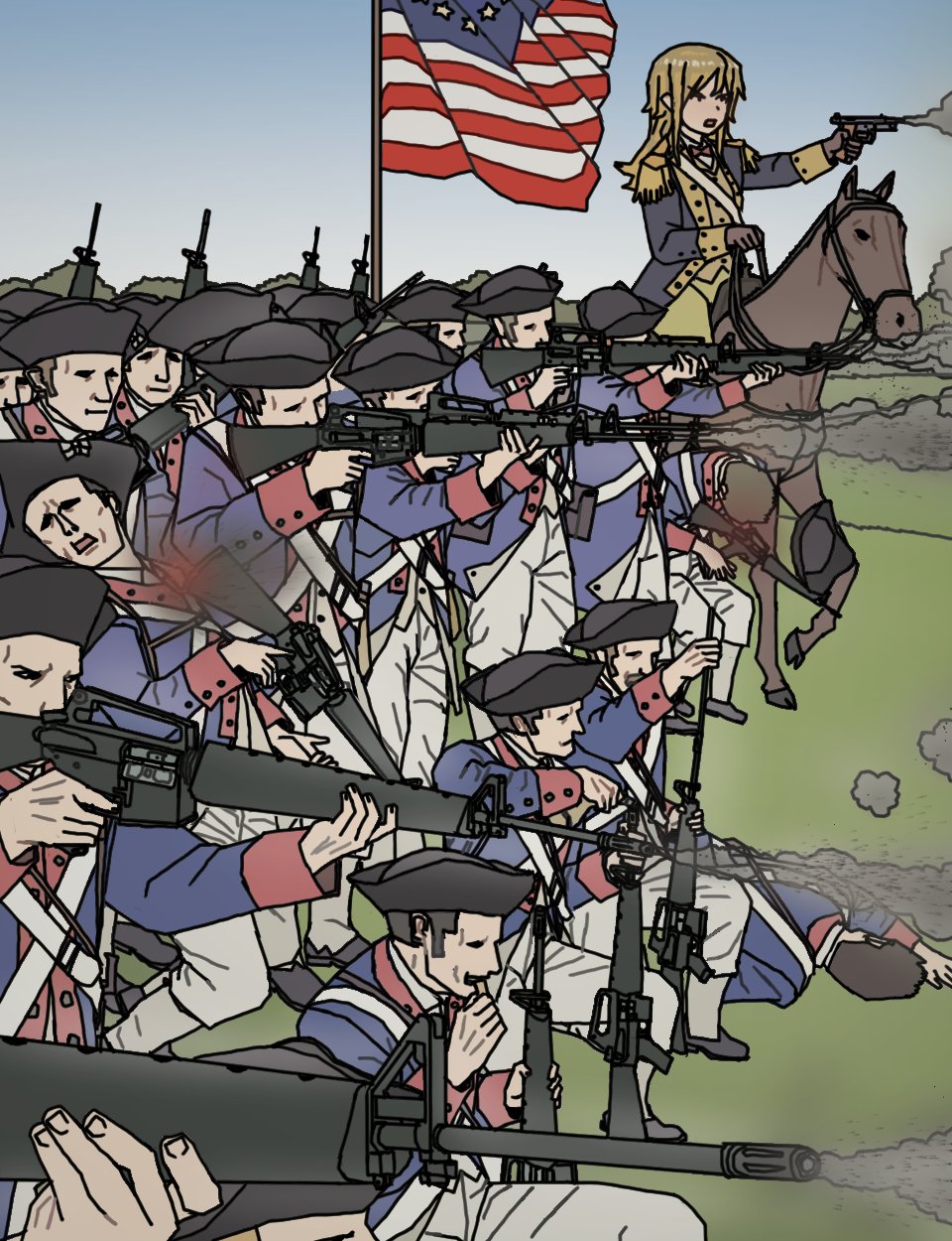 1girl 6+boys aiming american_flag american_revolution anachronism assault_rifle firing fukufaku gun handgun hat highres historical_american_flag holding holding_gun holding_weapon horse horseback_riding line_infantry long_hair m16 military military_uniform multiple_boys original ramrod reloading riding rifle soldier tricorne weapon