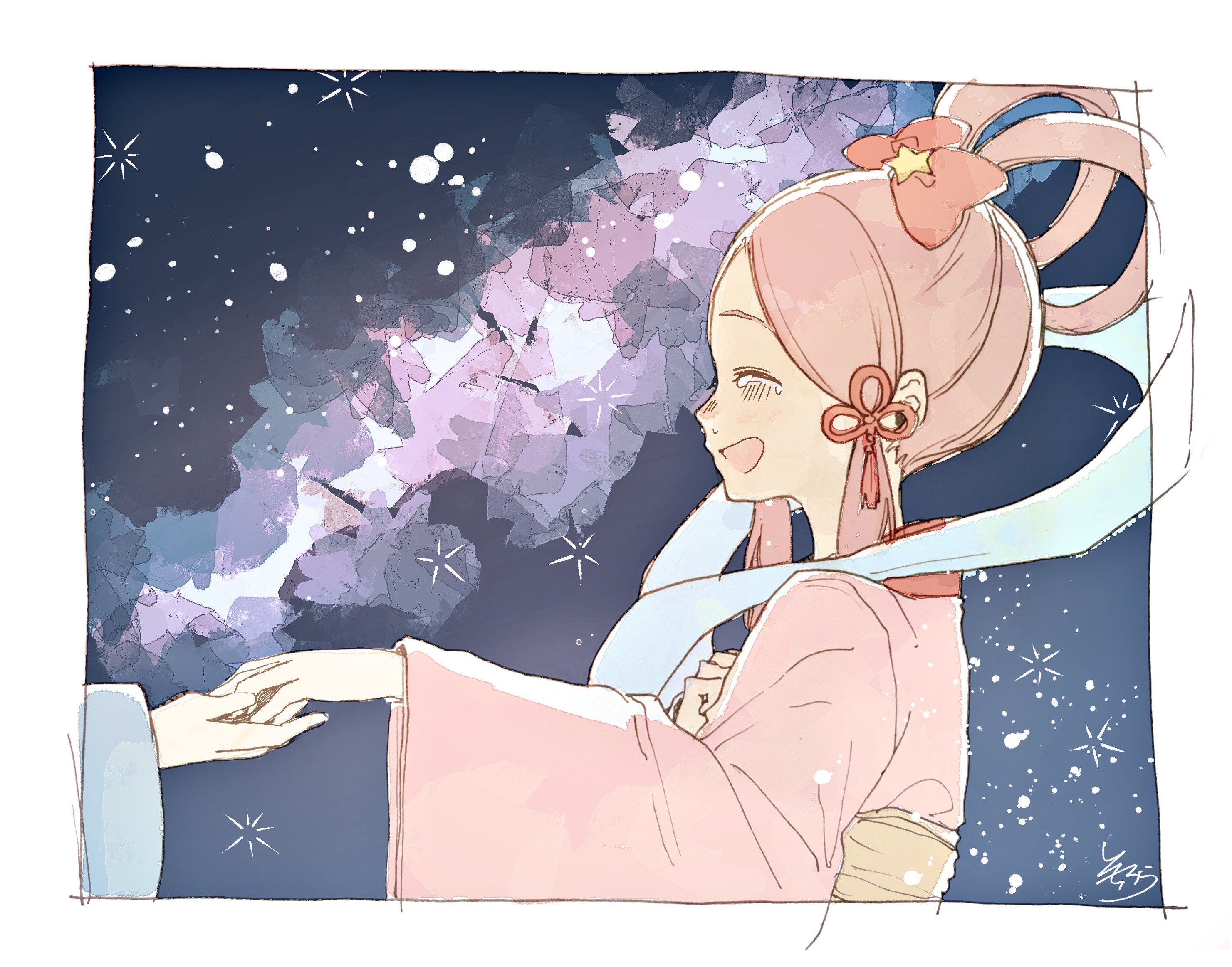 1boy 1girl :d ^_^ blush bow closed_eyes from_side hagoromo hair_bow hair_ornament hair_rings highres hikoboshi holding_hands japanese_clothes kimono long_sleeves obi open_mouth original orihime_(tanabata) out_of_frame parted_bangs pink_kimono profile red_bow sash shawl signature sky sleeves_past_wrists smile sofra solo_focus star_(sky) star_(symbol) starry_sky tanabata tassel tears upper_body wide_sleeves