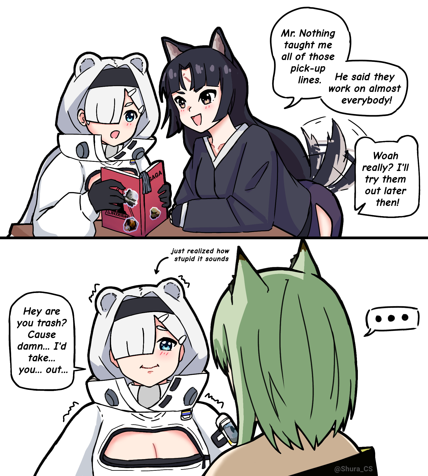 ... 2koma 3girls :o animal_ears arknights artist_name aurora_(arknights) bear_ears bear_girl black_gloves black_hair black_hairband black_kimono book breasts cleavage cleavage_cutout clothing_cutout comic commentary dog_ears english_commentary english_text from_behind gloves green_hair hair_over_one_eye hairband highres holding holding_book japanese_clothes kal'tsit_(arknights) kimono leaning_forward leaning_on_table long_hair long_sleeves medium_breasts multiple_girls reading saga_(arknights) shura_(shura_cs) simple_background sitting spoken_ellipsis table tail tail_wagging trembling twitter_username upper_body white_background white_hair