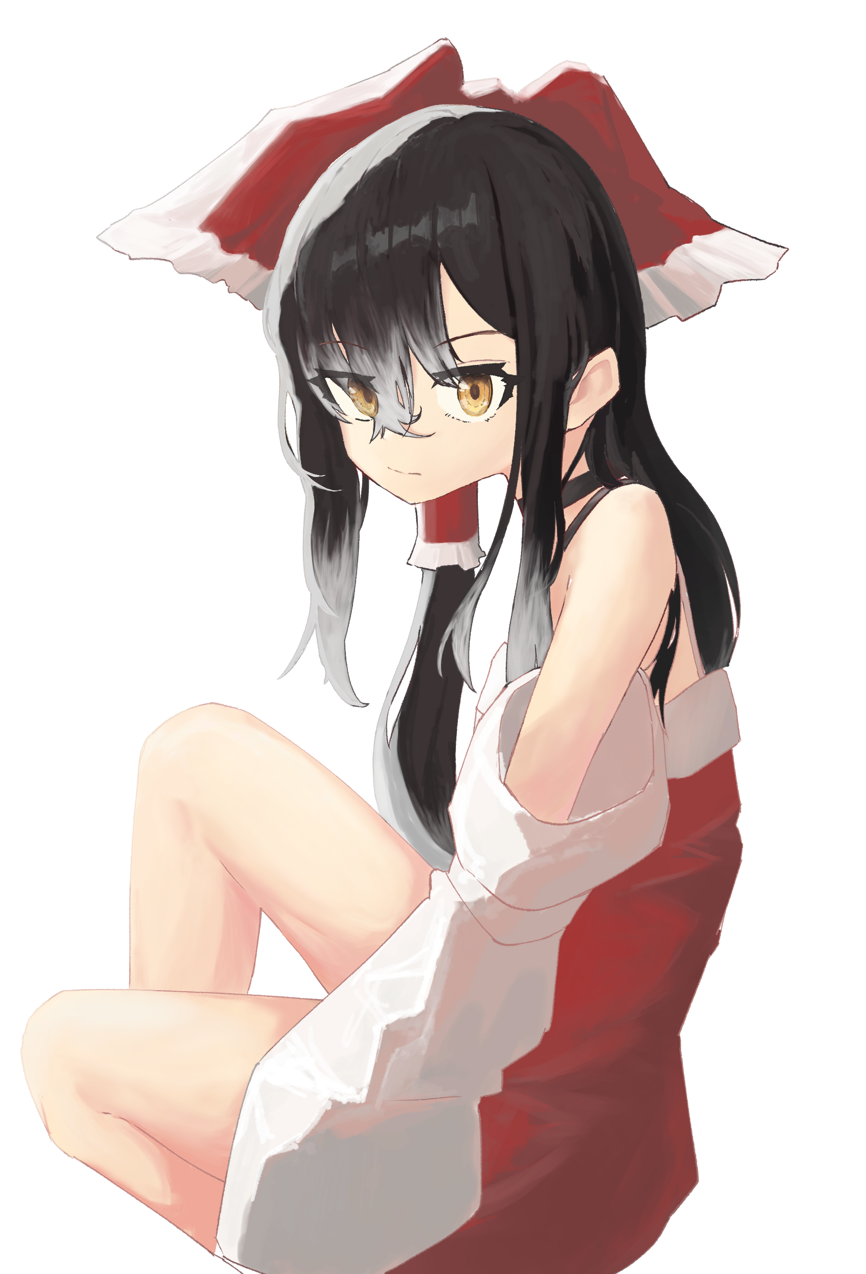 1girl absurdres black_hair bow closed_mouth commentary_request cookie_(touhou) detached_sleeves dress expressionless eyes_visible_through_hair feet_out_of_frame frilled_bow frilled_tube_top frills gradient_hair grey_hair hair_between_eyes hair_bow hakurei_reimu highres long_hair looking_at_viewer multicolored_hair red_bow red_dress simple_background sleeveless sleeveless_dress solo touhou tube_top white_background white_sleeves whiterolo yellow_eyes yuyusu_(cookie)
