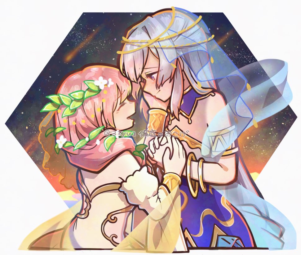2girls :d armlet blue_collar blue_dress blue_eyes bracelet closed_mouth collar commentary detached_collar detached_sleeves dress face-to-face flower gold_bracelet grey_hair hair_flower hair_ornament hair_over_shoulder hand_on_another&#039;s_cheek hand_on_another&#039;s_face hand_on_another&#039;s_hand honeycomb_(pattern) honeycomb_background jewelry juliet_sleeves leaf_hair_ornament long_hair long_sleeves looking_at_another multiple_girls nabezoko_no_okoge official_alternate_costume open_mouth own_hands_together pink_hair puffy_sleeves see-through_clothes see-through_veil shooting_star shoujo_kageki_revue_starlight shoujo_kageki_revue_starlight_-re_live- sidelocks sleeveless sleeveless_dress smile star_(sky) symbol-only_commentary tsuruhime_yachiyo twitter_username two-tone_dress upper_body veil very_long_hair white_background white_dress yellow_veil yukishiro_akira