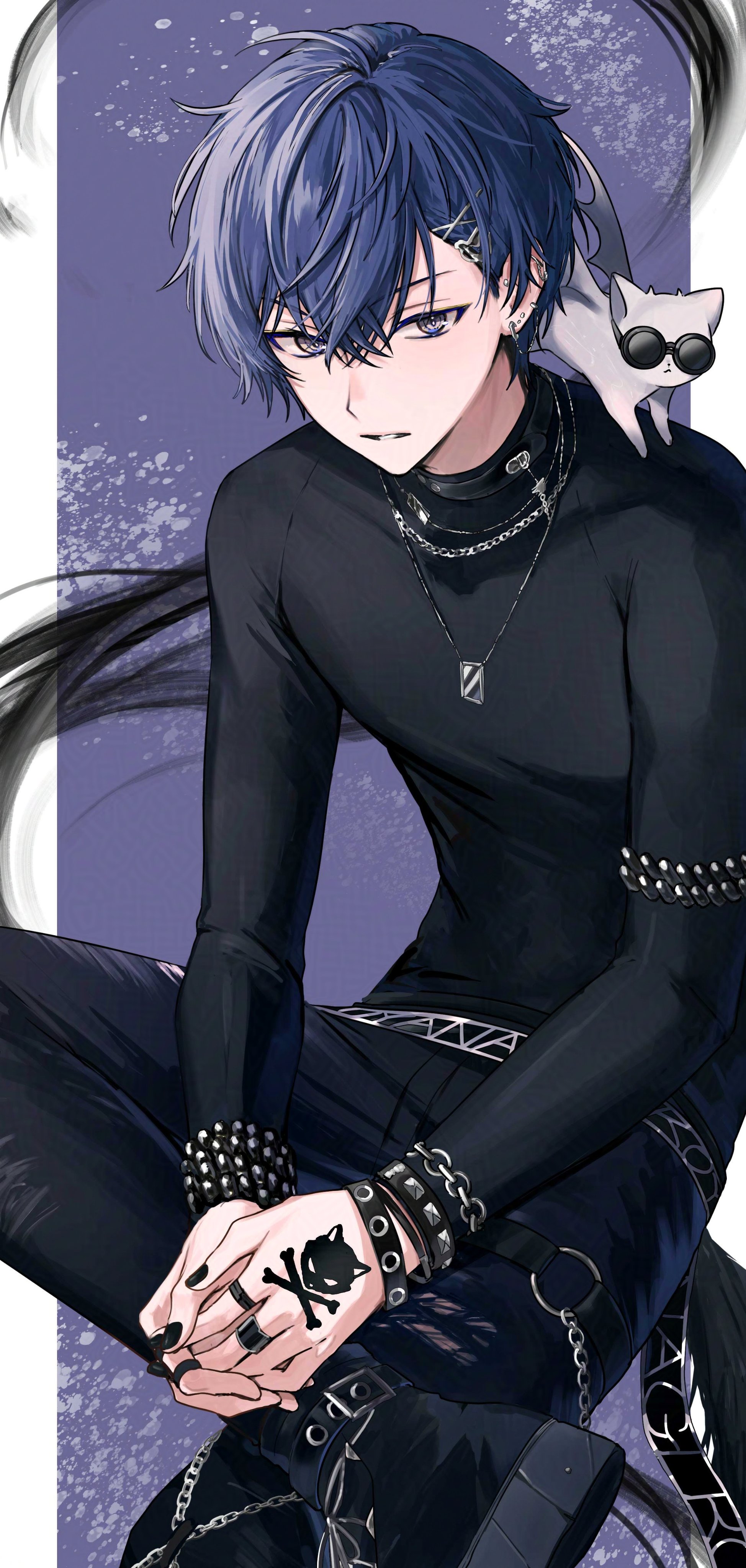 1boy :< absurdres animal animal_on_shoulder armband belt belt_collar black_belt black_boots black_collar black_nails black_pants black_shirt blue_hair boots bracelet cat cat_on_shoulder chain closed_mouth collar commentary_request crossed_bangs ear_chain ear_piercing earrings figure_four_sitting hair_between_eyes hair_ornament hairclip hand_tattoo highres jewelry koyanagi_rou koyanagi_rou_(2nd_costume) long_sleeves looking_to_the_side male_focus multicolored_eyes multiple_bracelets multiple_earrings nail_polish necklace nijisanji otomo_(koyanagi_rou) own_hands_clasped own_hands_together pants parted_bangs parted_lips piercing shirt short_hair sitting solo studded_bracelet sunglasses tattoo tone_haruma virtual_youtuber white_cat