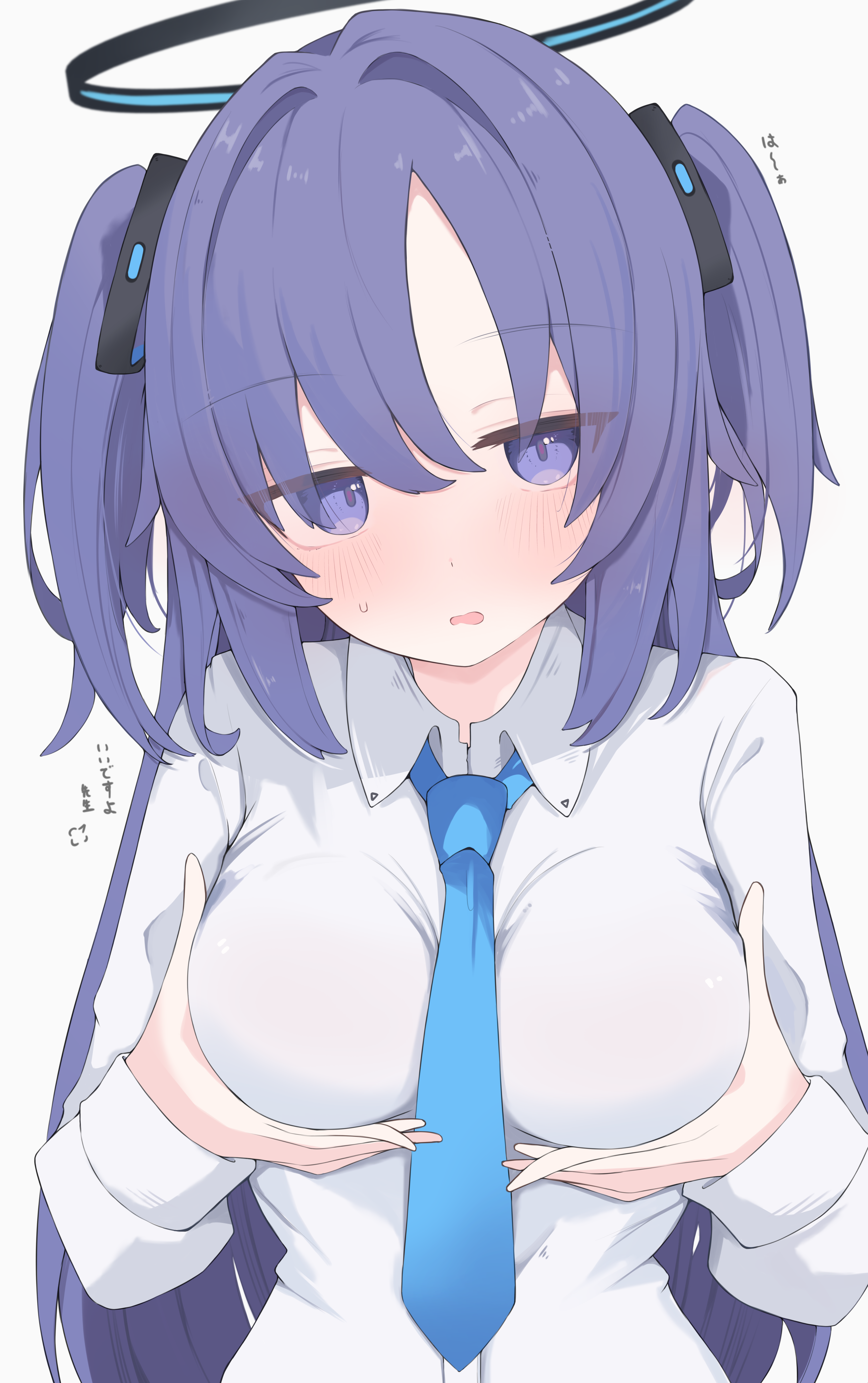 1girl absurdres black_halo blue_archive blue_eyes blue_hair blue_necktie blush breasts collared_shirt grabbing_own_breast halo highres long_hair long_sleeves looking_at_viewer medium_breasts necktie nui_(nuinui0300) shirt solo two_side_up upper_body white_shirt yuuka_(blue_archive)