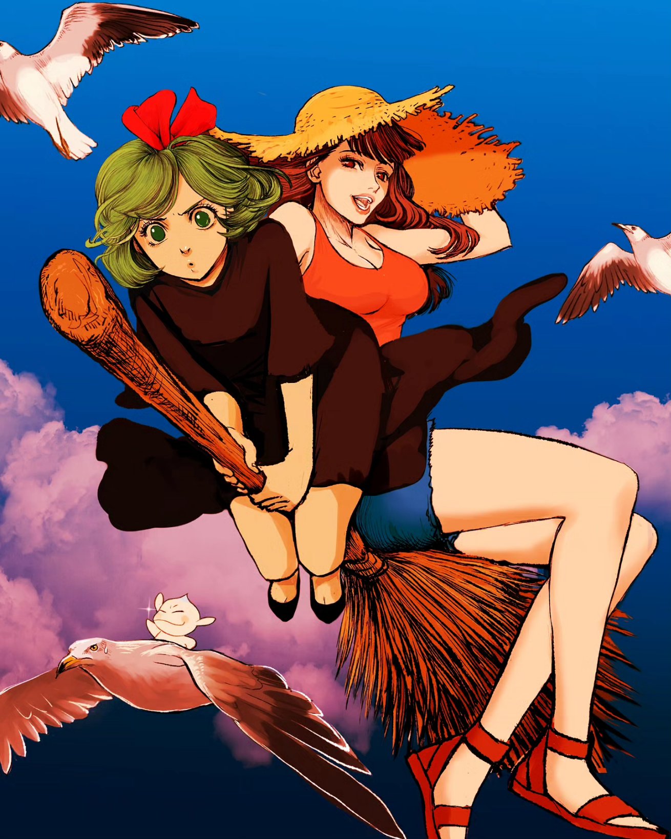 berserk bird black_dress blue_shirt breasts broom broom_riding brown_eyes brown_hair casca_(berserk) character_name character_request cleavage commentary_request cosplay dress green_eyes green_hair hair_ribbon hat highres kiki_(majo_no_takkyuubin) kiki_(majo_no_takkyuubin)_(cosplay) majo_no_takkyuubin medium_breasts morda nisino2222 puck_(berserk) red_ribbon ribbon sandals schierke_(berserk) seagull shirt sun_hat ursula_(majo_no_takkyuubin) ursula_(majo_no_takkyuubin)_(cosplay)