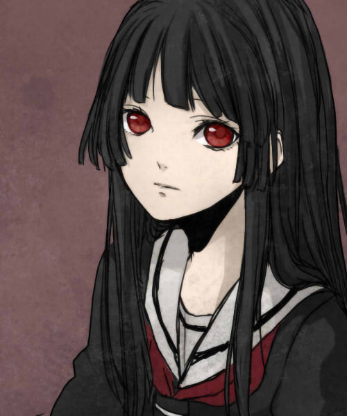 1girl black_hair black_serafuku blunt_bangs closed_mouth commentary_request enma_ai hime_cut jigoku_shoujo long_hair looking_at_viewer neckerchief noisyworld portrait red_eyes red_neckerchief sailor_collar school_uniform serafuku sidelocks simple_background solo