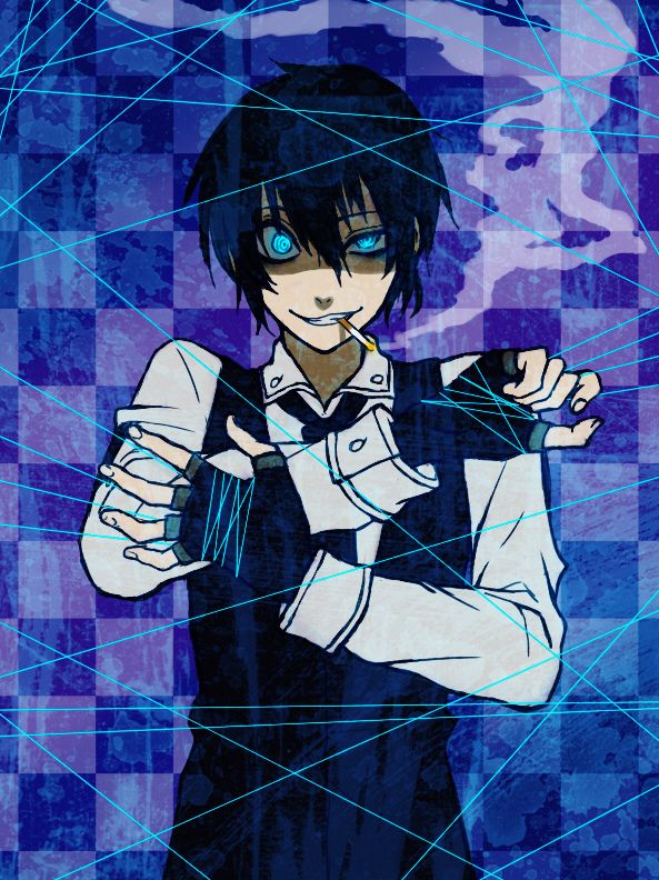 black_hair black_vest blue_background blue_eyes checkered_background cigarette gloves hellsing hellsing:_the_dawn monotsuki smoking solo vest walter_c._dornez wire
