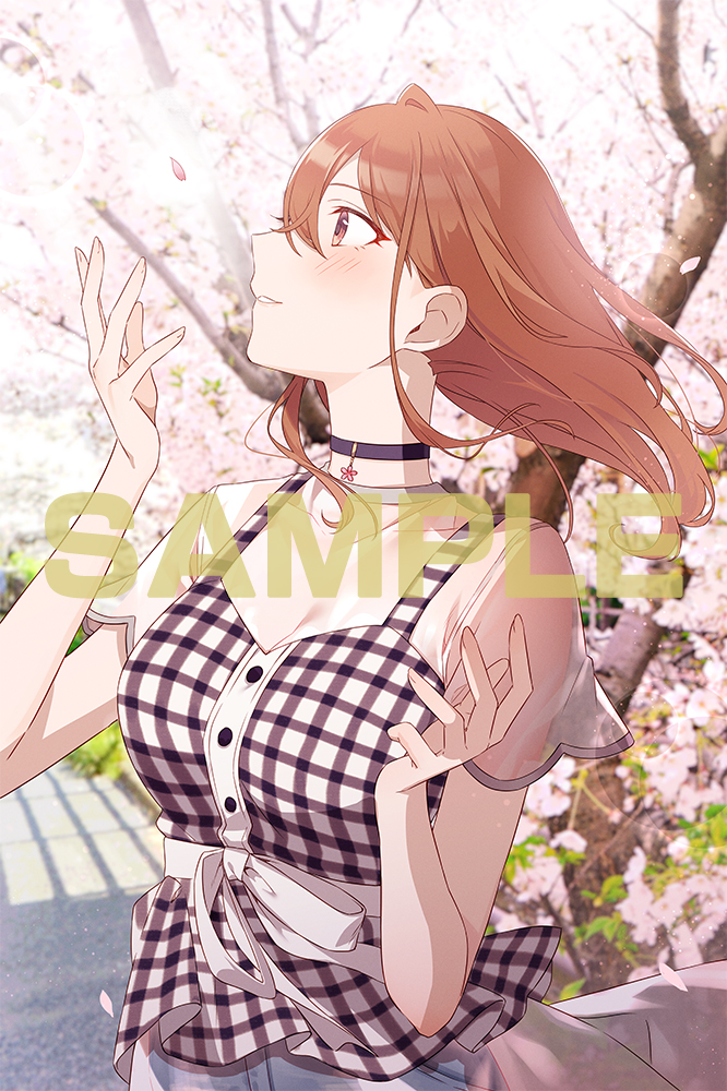 1girl black_choker blush breasts brown_eyes brown_hair cherry_blossoms choker commentary_request floating_hair hands_up kohinata_iroha_(imouuzai) large_breasts looking_to_the_side medium_hair novel_illustration official_art outdoors profile sample_watermark see-through_clothes see-through_sleeves shirt short_sleeves smile solo tomari_(veryberry00) tomodachi_no_imouto_ga_ore_ni_dake_uzai watermark white_shirt