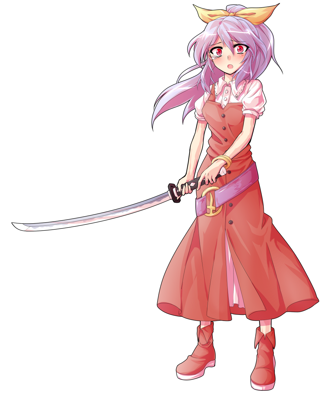 1girl alphes_(style) belt blush boots bracelet breasts buttons collared_shirt commentary_request dairi dress dress_shirt full_body hair_ribbon high_ponytail highres holding holding_sword holding_weapon jewelry katana large_variant_set legs_apart long_hair looking_at_viewer o-ring open_mouth parody platform_boots ponytail puffy_short_sleeves puffy_sleeves purple_belt purple_hair red_boots red_dress red_eyes ribbon shirt short_sleeves small_breasts solo standing style_parody sword tachi-e tearing_up touhou transparent_background undershirt variant_set watatsuki_no_yorihime weapon white_shirt yellow_ribbon