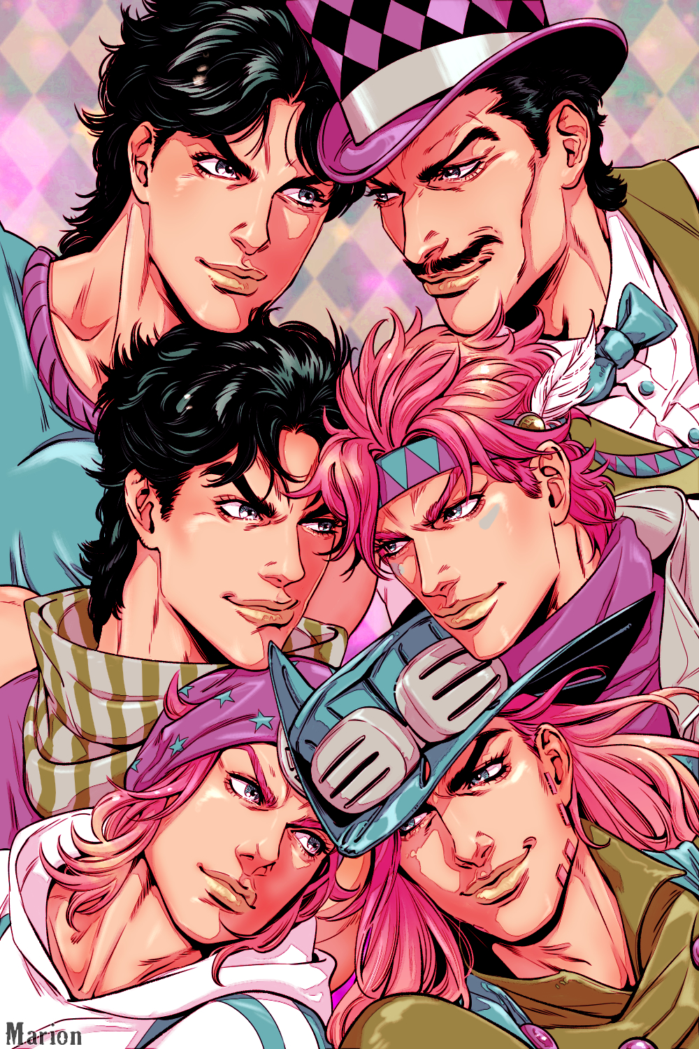 6+boys artist_name bad_id bad_pixiv_id battle_tendency black_hair blue_eyes caesar_anthonio_zeppeli cowboy_hat facial_hair facial_mark feather_hair_ornament feathers goggles goggles_on_headwear gyro_zeppeli hair_ornament hat headband highres hood hood_down johnny_joestar jojo_no_kimyou_na_bouken jonathan_joestar joseph_joestar joseph_joestar_(young) long_hair male_focus marion-ville multiple_boys mustache phantom_blood pink_hair scarf smile star_(symbol) star_print steel_ball_run striped_clothes striped_scarf will_anthonio_zeppeli