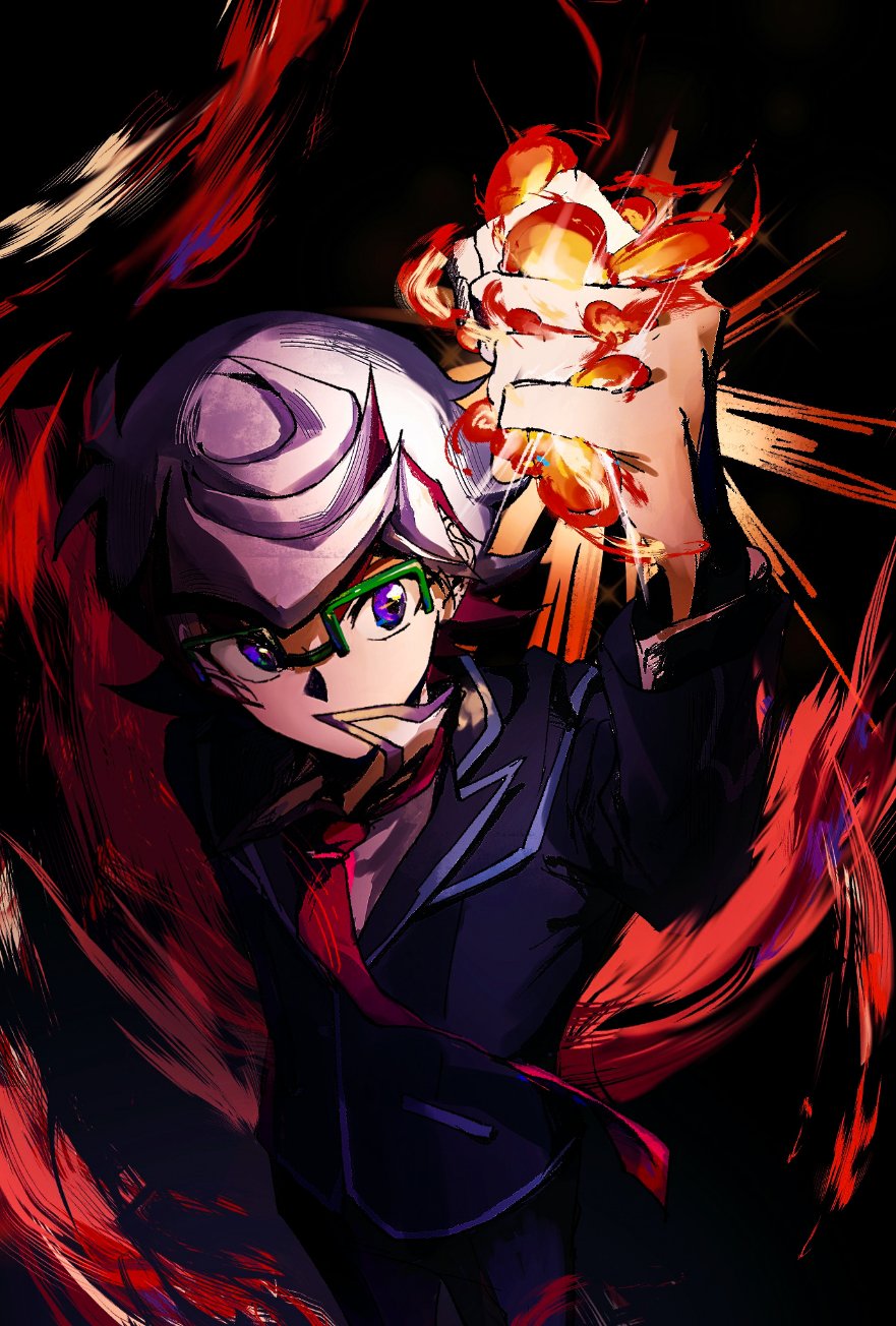 1boy arm_at_side arm_up black_background black_jacket black_pants blazer blue_eyes clenched_hand colored_bangs dress_shirt facing_to_the_side fire fireball green-framed_eyewear hand_up highres homura_takeru jacket looking_to_the_side loose_necktie magic male_focus necktie no_mouth novale110 outstretched_arm over-rim_eyewear pants popped_collar red_necktie school_uniform semi-rimless_eyewear shirt smoke swept_bangs turning_head white_hair white_shirt wind yu-gi-oh! yu-gi-oh!_vrains