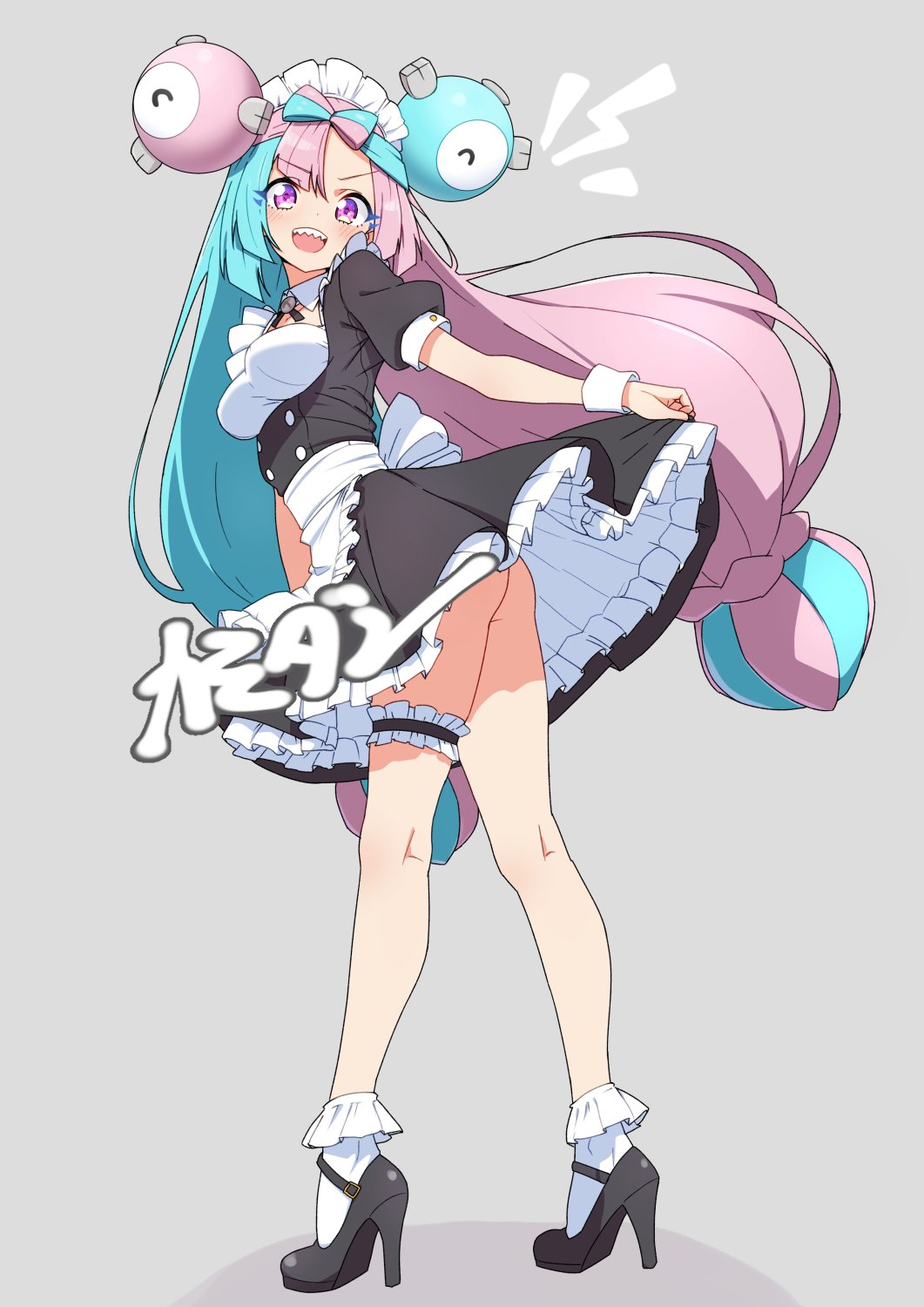 1girl alternate_costume apron black_dress black_ribbon black_shoes blue_hair blue_light blush bow-shaped_hair breasts collar commentary detached_collar double_bun dress enmaided fake_hair_bun frilled_apron frills grey_background hair_bun high_heels highres iono_(pokemon) kamidan kneepits long_hair looking_at_viewer maid maid_apron maid_headdress multicolored_hair neck_ribbon nintendo open_mouth pink_hair pokemon pokemon_sv ribbon shoes short_sleeves simple_background smile socks solo split-color_hair teeth thighs two-tone_hair upper_teeth_only v-shaped_eyebrows waist_apron white_apron white_collar white_socks