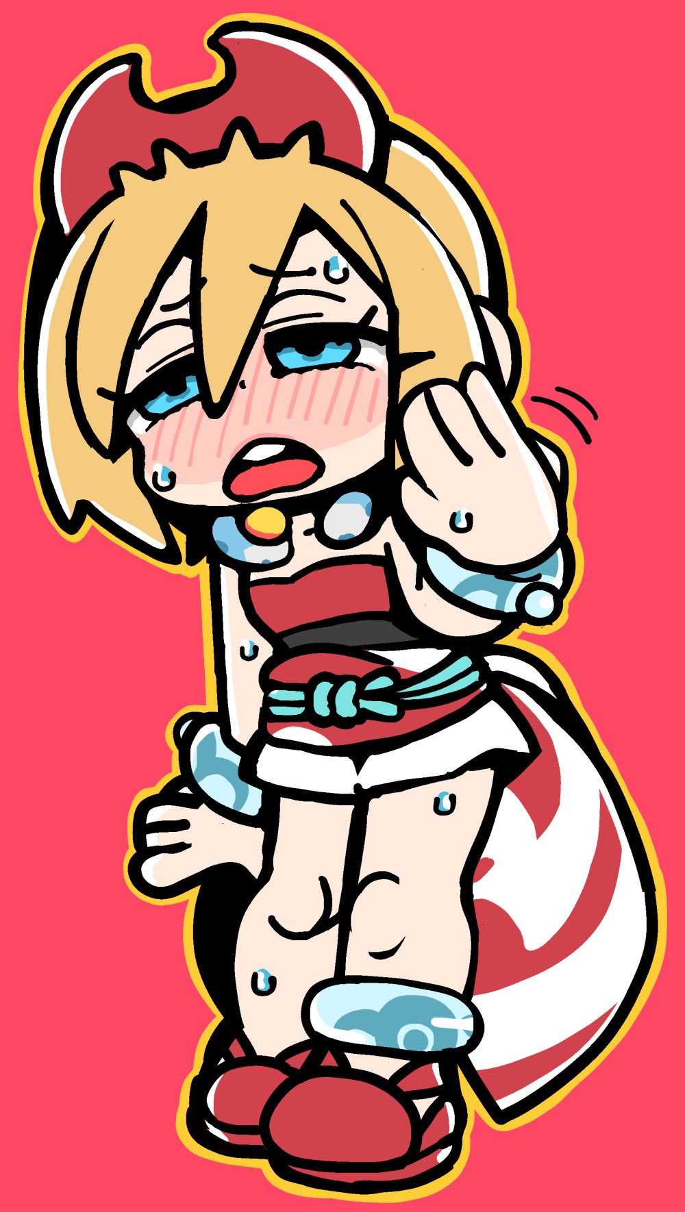 1girl anklet bkub blonde_hair blue_eyes bracelet chibi hairband highres hot irida_(pokemon) jewelry neck_ring nintendo pearl_clan_outfit pokemon pokemon_legends:_arceus red_background red_hairband red_shirt red_shoes shirt shoes shorts solo strapless sweat thick_outlines waist_cape white_shorts