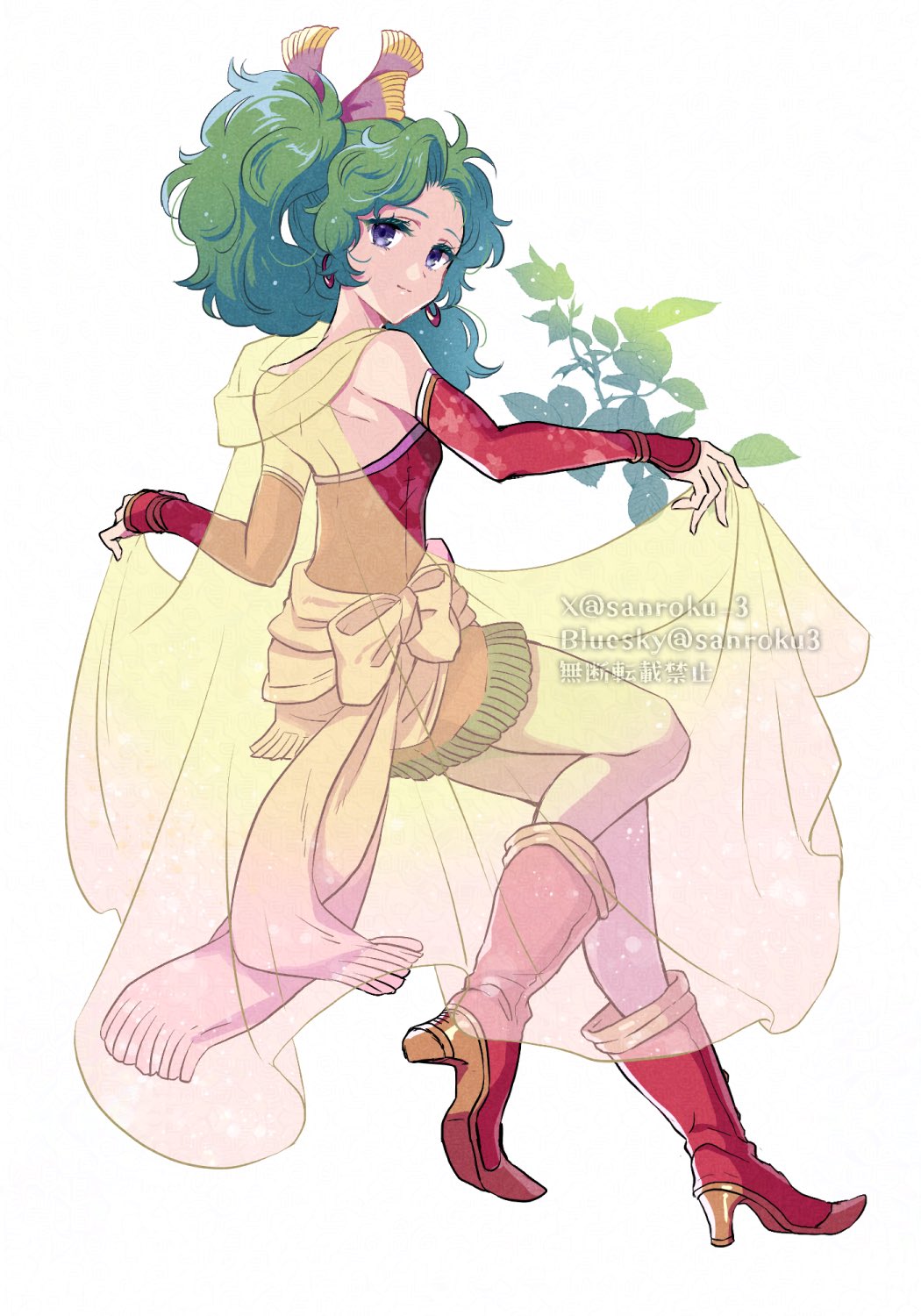 1girl bare_shoulders blue_eyes boots breasts cape detached_sleeves dress earrings final_fantasy final_fantasy_vi floating full_body gold_trim green_hair hair_ribbon highres jewelry light_smile long_hair medium_breasts parted_bangs pink_ribbon ponytail red_boots red_dress red_sleeves ribbon sanroku_3 sash see-through_cape short_dress solo strapless strapless_dress tina_branford tube_dress twitter_username waist_sash wavy_hair white_background yellow_cape