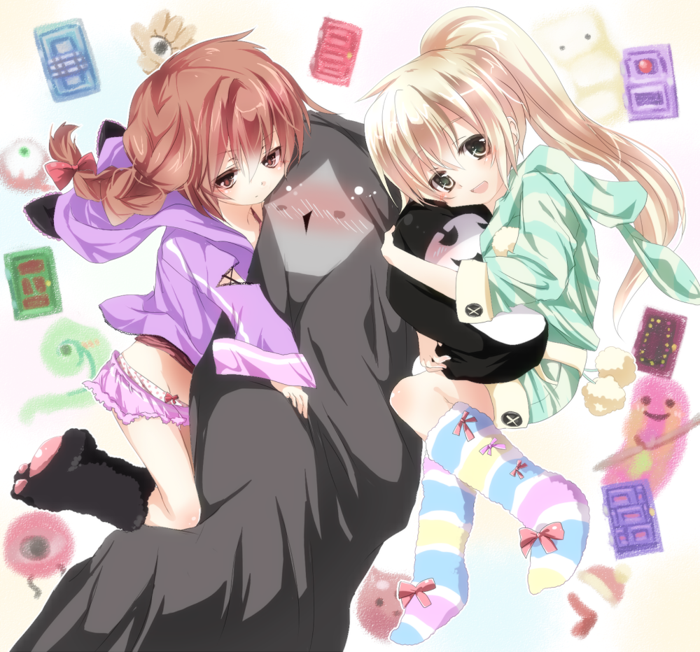 2girls bad_id bad_pixiv_id blonde_hair blush braid brown_hair emia emia_(castilla) green_shirt hood hoodie hug kyukkyu-kun madotsuki midriff multiple_girls open_mouth panties polka_dot polka_dot_panties poniko ponytail shirt shorts smile uboa underwear yume_nikki