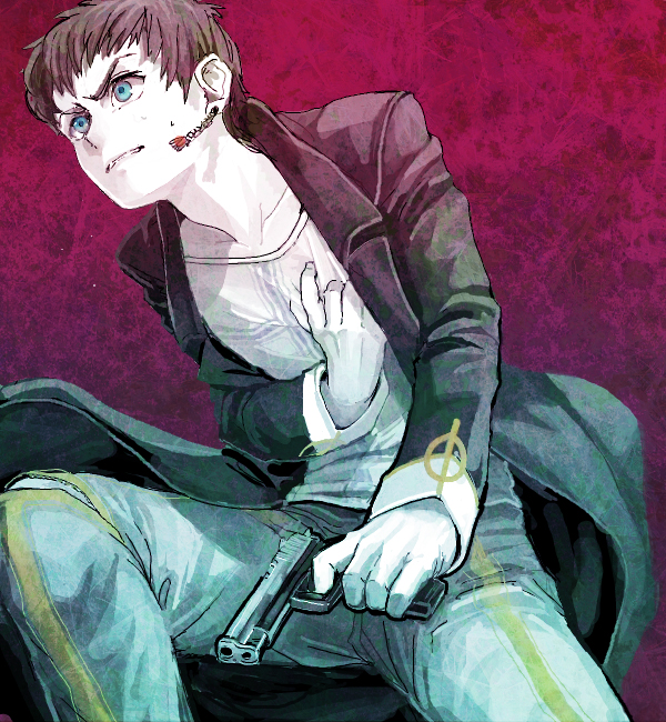 00s 1boy aqua_pants black_jacket blue_eyes bomssp brown_hair clenched_teeth collarbone earrings furrowed_brow gun hand_on_own_chest handgun holding holding_gun holding_weapon jacket jewelry jr. legs_apart long_sleeves male_focus pants parted_lips pistol shirt solo sweatdrop teeth weapon white_shirt xenosaga