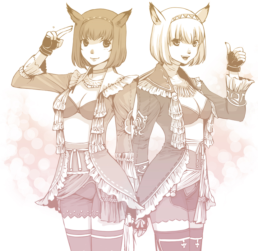 00s 2girls animal_ears cat_ears cat_tail corsair corsair_(final_fantasy) final_fantasy final_fantasy_xi fingerless_gloves gloves mithra_(ff11) multiple_girls smile tail takatsuki_kahiro thighhighs thumbs_up
