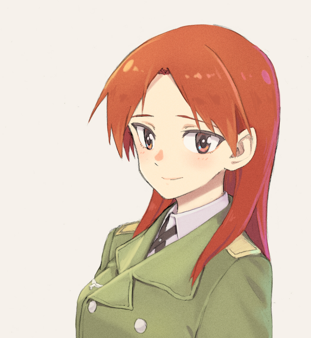 1girl black_cross_tie blush breasts brown_eyes brown_hair buttons collared_shirt commentary_request cross_tie dot_nose double-breasted eyebrows_hidden_by_hair green_jacket hair_over_shoulder jacket long_hair looking_at_viewer medium_breasts military_uniform minna-dietlinde_wilcke parted_bangs shiratama_(hockey) shirt shoulder_boards simple_background smile solo strike_witches three_quarter_view upper_body white_background white_shirt world_witches_series
