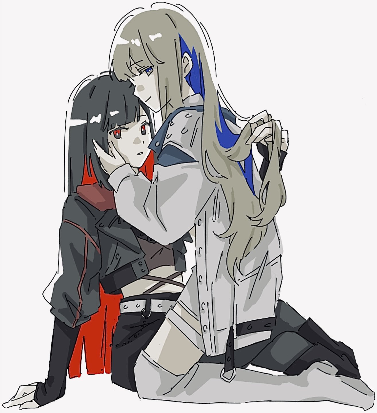 2girls azusawa_kohane belt black_eyes black_hair black_jacket black_skirt blue_eyes blue_hair boots closed_mouth colored_inner_hair commentary grey_hair hand_in_another's_hair hand_on_another's_face highres jacket long_hair long_sleeves looking_at_viewer multicolored_eyes multicolored_hair multiple_girls nyan_0326 official_alternate_costume official_alternate_hair_length official_alternate_hairstyle parted_lips project_sekai red_eyes red_hair shiraishi_an simple_background sitting sitting_on_lap sitting_on_person skirt sleeves_past_wrists smile symbol-only_commentary thigh_boots two-tone_eyes whip_the_wimp_girl!!_(project_sekai) white_background white_footwear white_jacket yuri