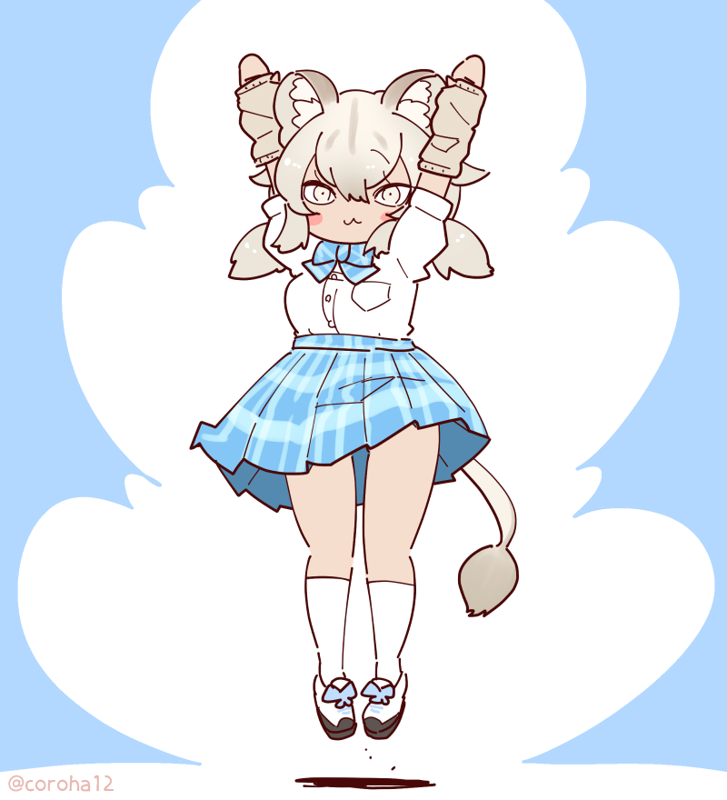 1girl animal_ears arms_up blue_background bow bowtie coroha extra_ears fingerless_gloves full_body gloves grey_eyes grey_hair jumping kemono_friends kemono_friends_3 lion_ears lion_girl lion_tail long_hair looking_at_viewer school_uniform serafuku shirt shoes simple_background skirt socks solo tail transvaal_lion_(kemono_friends)