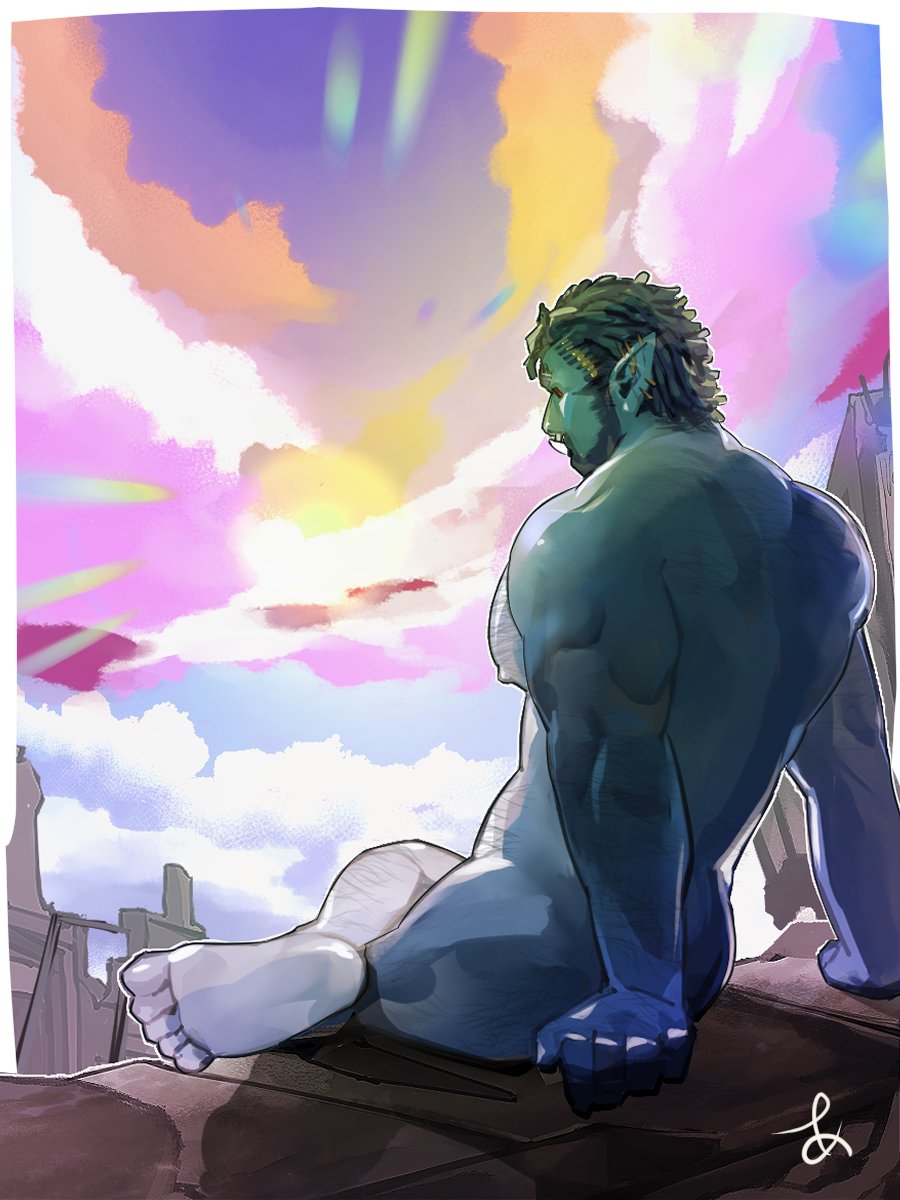 1boy ashikakoshika bara beard colored_skin commentary_request completely_nude facial_hair feet full_beard full_body gradient_sky green_skin hairy highres huge_eyebrows large_pectorals male_focus monster_boy muscular muscular_male nipples nude orc original pectorals pointy_ears profile short_hair sitting sky solo sunset tusks