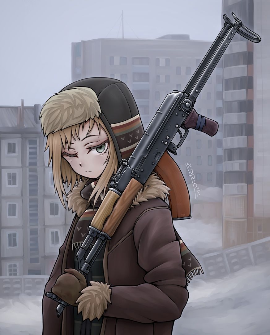 1girl akm akms artist_name assault_rifle brown_hat brown_jacket brown_mittens brown_scarf building closed_mouth colored_eyelashes day eyelashes folding_stock from_side fur-trimmed_jacket fur-trimmed_sleeves fur_hat fur_trim grey_eyes gun hat holding holding_gun holding_weapon jacket kalashnikov_rifle light_brown_hair long_sleeves looking_at_viewer medium_hair mittens multicolored_hat multicolored_scarf one_eye_closed open_clothes open_jacket original outdoors over_shoulder print_headwear print_scarf rifle scarf solo third-party_source upper_body ushanka weapon weapon_over_shoulder winter winter_clothes zap-nik