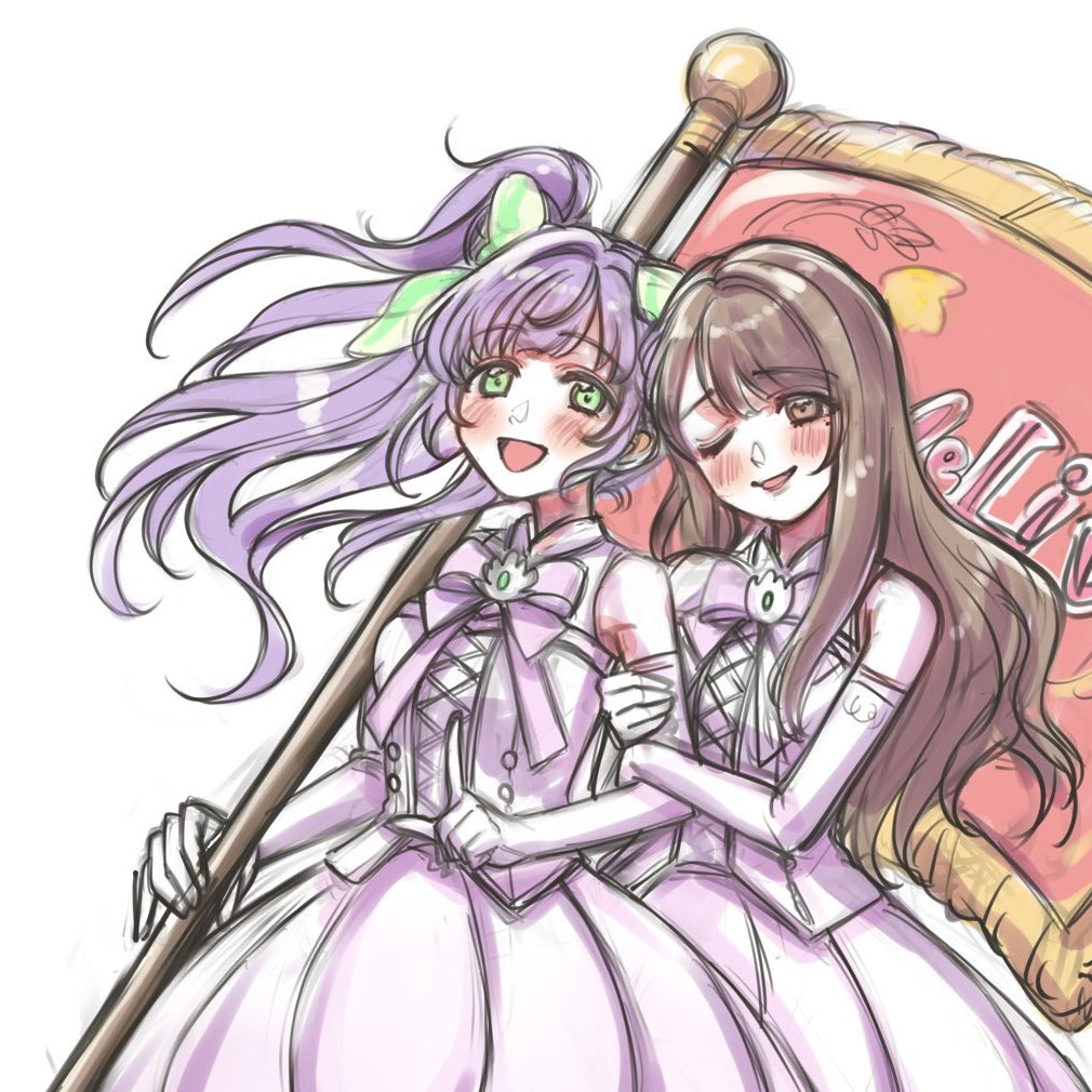 2girls :d ;d animification arm_hug aurora_flower_(love_live!) blush brown_eyes butterfly_hair_ornament commentary_request elbow_gloves flag floating_hair gloves green_eyes hair_ornament hanamiya_nina holding holding_flag link!_like!_love_live! lone_nape_hair long_hair looking_at_viewer love_live! love_live!_victory_flag meiji_(mosamoo3) mole mole_under_eye multiple_girls neck_ribbon official_alternate_costume one_eye_closed open_mouth otomune_kozue pink_ribbon pleated_skirt purple_hair real_life ribbon shirt side_ponytail sidelocks simple_background skirt smile virtual_youtuber voice_actor voice_actor_connection white_background white_gloves white_shirt white_skirt